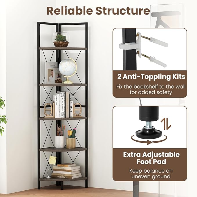 Giantex 5-Tier Corner Shelf, 63" Tall Corner Bookshelf, Freestanding Storage Rack w/Metal Frame, Modern Plant Stand, Narrow Bookcase Display Shelf for Living Room, Bedroom (1,Oak)