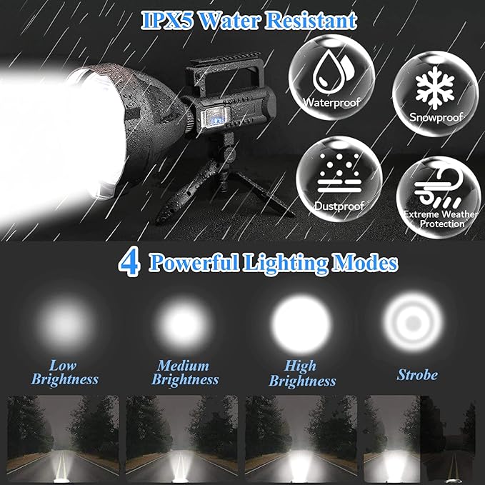 Rechargeable Spotlight, 3,000,000L High Lumens Led Spot Lights Outdoor Handheld Super Bright Powerful Long Range Flashlight with 4 Modes, Tripod, USB C, IPX5 Waterproof for Fishing Boating Camping