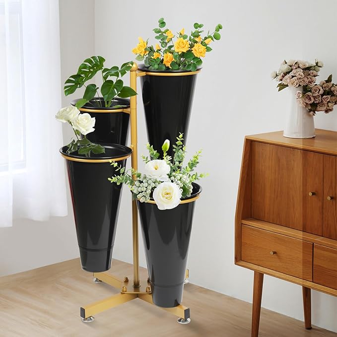 Flower Display Stand with 4 Bucket,Floral Stand with Foldable Frame for Silk Fresh Flowers,4 Tier Florist Shelf Plant Cart for flower shop Garden Living Room,Easy to Install (Gold Shelf+ Black Bucket)