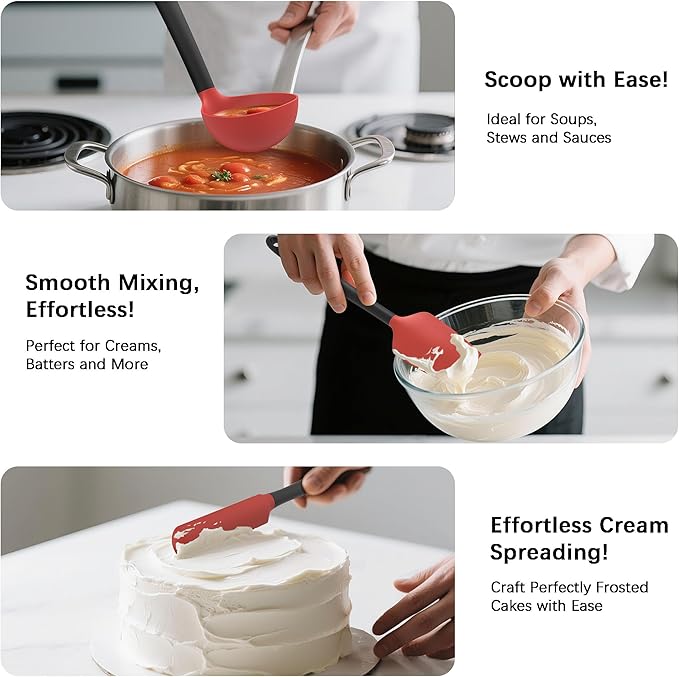 Coukre Silicone Kitchen Cooking Utensils Set with Holder – Heat-Resistant, Food-Grade Kitchen Tools, Spatula, Spoon & Gadgets for Non-Stick Pans, Dishwasher Safe (14, Red)