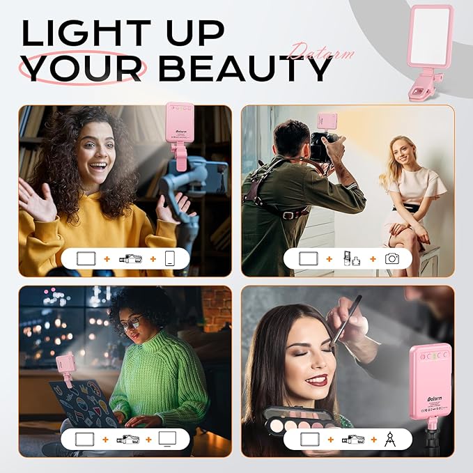 Rechargeable Soft Selfie Light for Phone, Camera, Laptop, 4-14H Battery Portable LED Light for Pictures, Phone Light Clip for Selfie, Vlog, TikTok, Makeup, Video Conference Pink