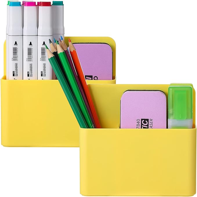 Mabrasse 2p Magnetic Dry Erase Marker Holder,Pen and Eraser Holder for Whiteboard, Magnet Pencil Cup Utility Storage Organizer for Office, Refrigerator, Locker and Metal Cabinets (Yellow)