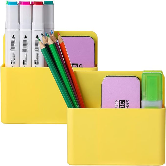 Mabrasse 2p Magnetic Dry Erase Marker Holder,Pen and Eraser Holder for Whiteboard, Magnet Pencil Cup Utility Storage Organizer for Office, Refrigerator, Locker and Metal Cabinets (Yellow)