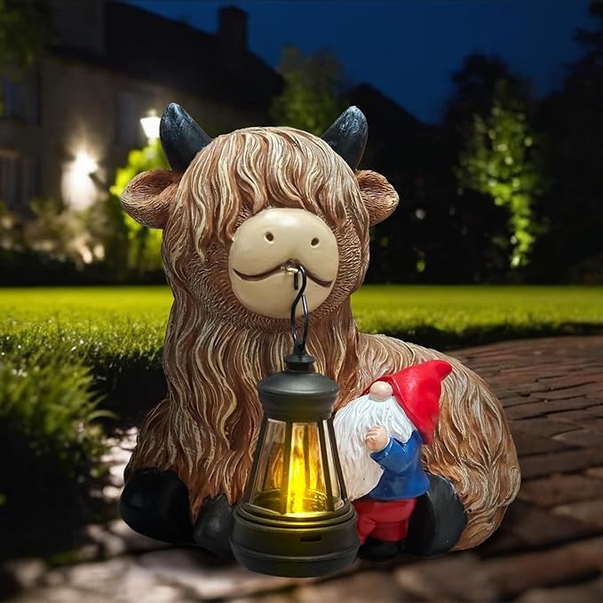 Highland Cow Gnome Solar Statues Decor - Garden Gnomes Statues Highland Cattle Mouth with Lights, Outdoor Ornaments Funny Decoration for Yard, Patio, Unique Gifts Birthday for Women, Mother Day