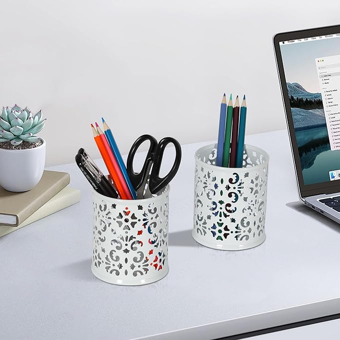 EasyPAG Metal 2-Piece Pen Holder Set Desk Accessories & Workspace Organizers for Classroom, School & Office,White
