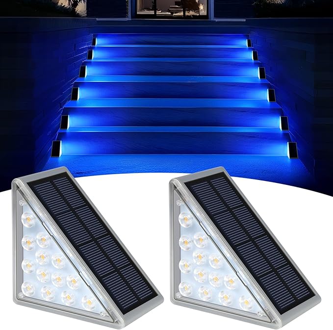 2 Pack Solar Stair Lights, Outdoor Step Lights with Waterproof IP67, Blue Color LED Solar Light for Outside Light Decor for Stair, Deck, Front Step, Front Porch, Patio and Backyard