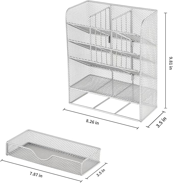 Spacrea Pen Holder Desk Organizer - Desk Organizers and Accessories, Pencil Holder with 10 Compartments and 1 Drawer (Silver)