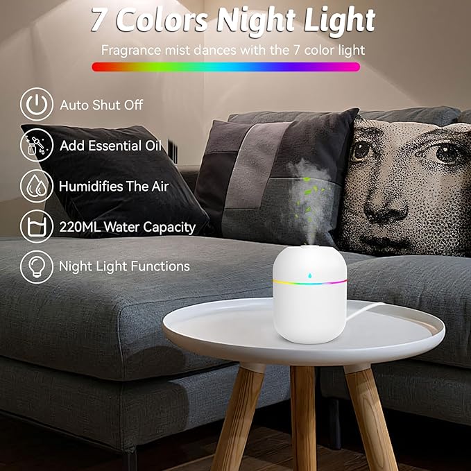 220ml Mini Essential Oil Diffuser for Desk, Small Humidifiers for Bedroom Aromatherapy Diffusers for Home Fragrance Aroma Diffuser with Night Light & Auto-Off