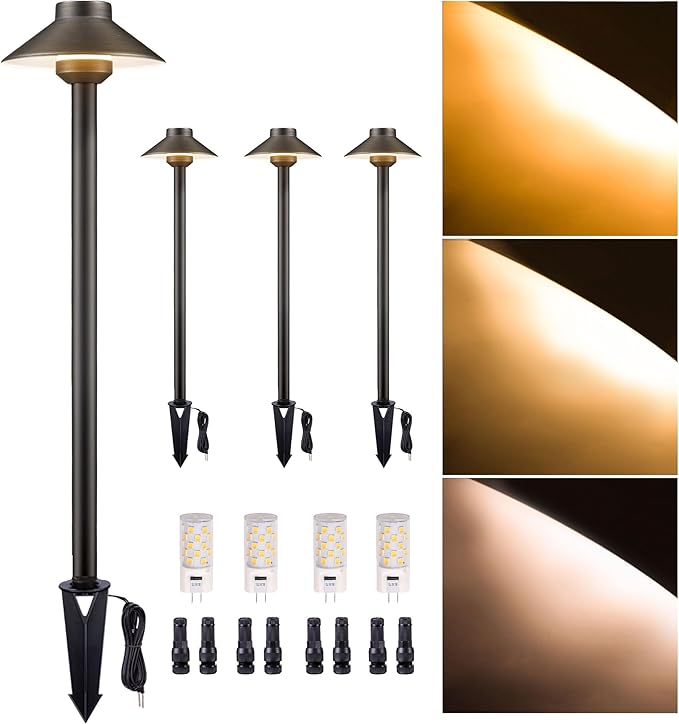Outdoor Brass Pathway Lights, Warm & Neutral White Adjustable Low Voltage Landscape Path Lighting, 12v Walkway Light LED Waterproof, Bronze for Outside Garden Yard with G4 Bulb (4 Pack)