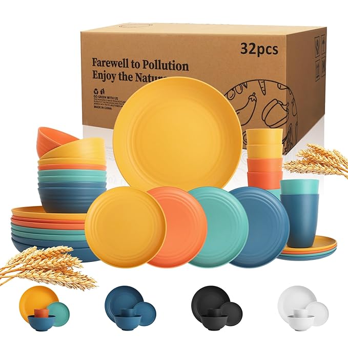 Wheat Straw Dinnerware Set of 32, Unbreakable Dinner Plates and Bowls Dishes Sets Service for 8,Dishwasher Safe Dinnerware Sets for Kitchen and Camping.Vibrant Series