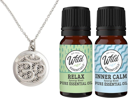 Wild Essentials Silver Aum Essential Oil Diffuser Necklace Gift Set with Inner Calm & Relax Oils – Nickel Free Alloy Pendant with 5 Black Pads – USA Made Oils & Perfume Necklace – Family Company