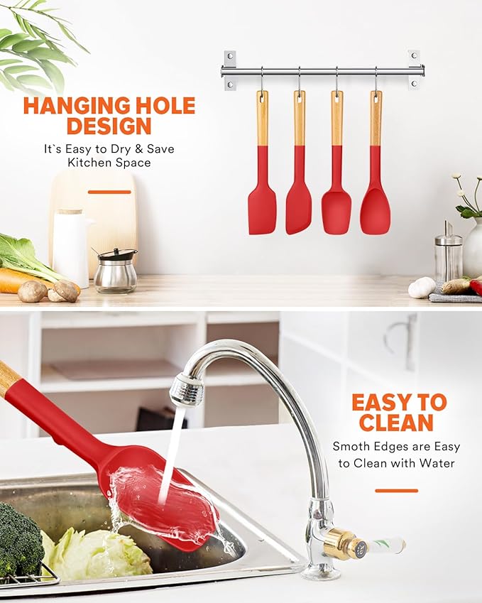 Silicone Spatula Spoon Set, Great for Mixing, Folding, Scraping, and Spreading, Sturdy BPA-Free Matte Silicone, Wooden Handle Rubber Spoonula for Nonstick Cookwares,4 Pack (RED)