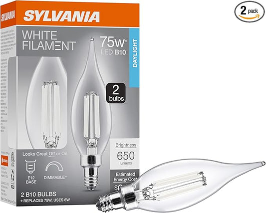 Sylvania B10 Clear LED White Filament Bulb, 6W, Dimmable, 650 LMS, Candelabra Base, 5000K, Daylight - 2 Pack (42259)