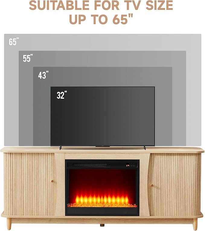 Fireplace TV Stand, Fluted TV Stand with Storage and Sliding Door, Farmhouse Entertainment Center Media Console Table for Living Room (Natural)