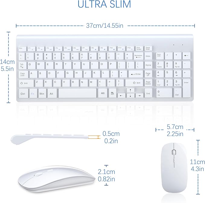 Wireless Keyboard and Mouse Ultra Slim Combo, TopMate 2.4G Silent Compact USB 2400DPI Mouse and Scissor Switch Keyboard Set with Cover, Batteries Included, for PC/Laptop/Windows/Mac - White