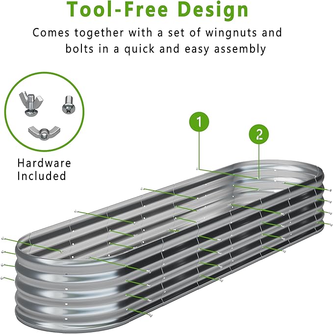 KFN 2PCS 8x1.8x1FT Galvanized Raised Garden Bed,Raised Garden Bed Kit-Oval Metal Vegetable Box,Large Planter Flower Boxes Outdoor,Planting for Vegetables,Flower,Herb,Sliver,0.7mm