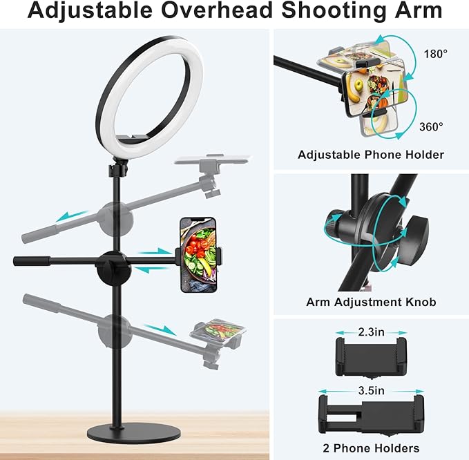 Overhead Phone Camera Mount with Ring Light for Video Recording, Cooking Filming. Content Creator Kit with 10.5" RGB Ringlight, Desk Stand and 2 Phone Holder, Remote, Overhead Tripod for iPhone