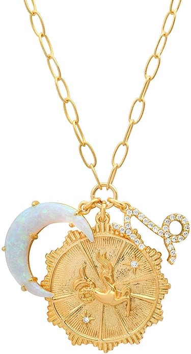Gold Zodiac Sign Embossed Coin Opal Crescent Moon Charm Necklace for Women Trendy 18K Gold Plated Retro Paperclip Chain 12 Constellation Horoscope Necklaces Astrology Jewelry Gifts