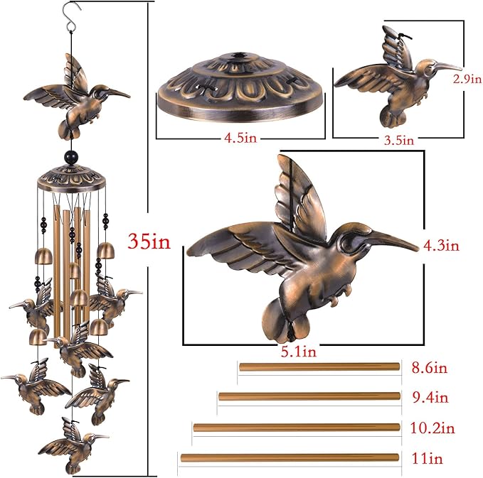 Hummingbird Wind Chimes for Garden, Gifts for Mom, Home, Balconies, Room, Patio, Indoor, Outdoor Hummingbirds Decoration, Hummingbird Wind Catcher, Bronze Memorial Wind Bell, Bird Wind Chimes Decor