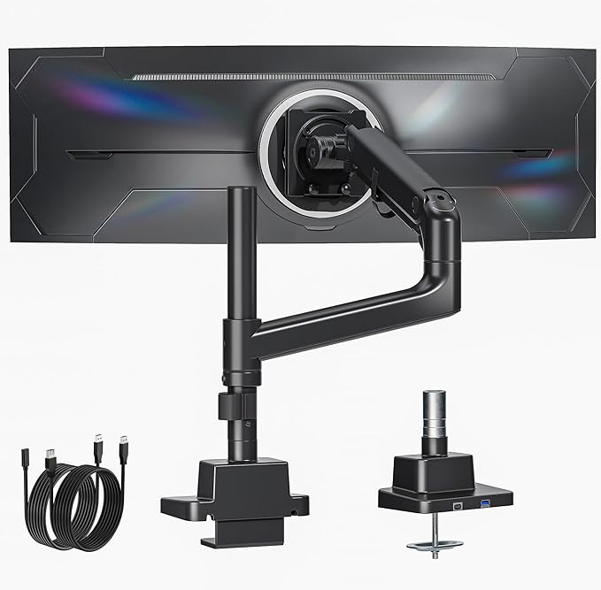 monTEK Heavy-Duty Single Monitor Arm for 17-57 inch, up to 59.4lbs Ultrawide Screens,Gas Spring Dual Curved Adjustable Monitor Stand for Desk,75/100mm VESA Mount with USB，Black