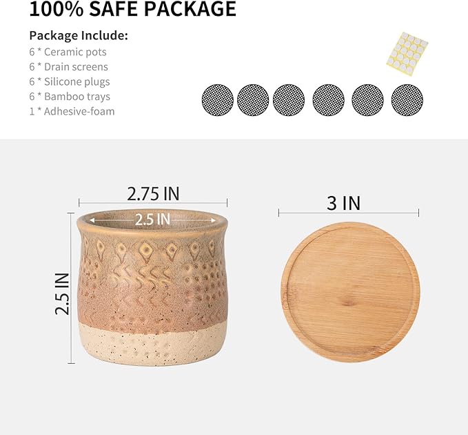 TAMAYKIM 2.75 Inch Mini Ceramic Succulent Plant Pots, Retro Tiny Planter Pots with Saucer & Drainage Hole, for Cactus, Small Plants, Set of 6, Brown Beige