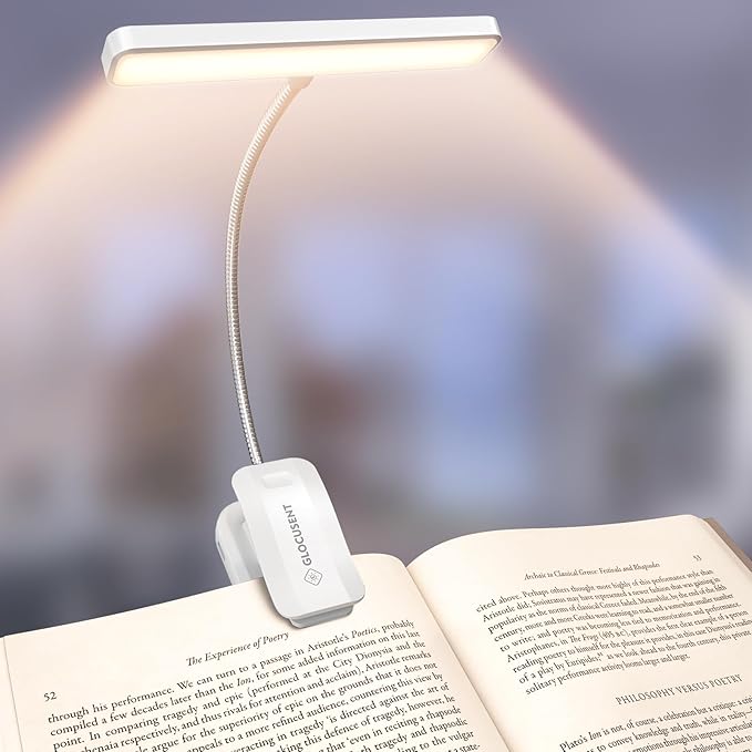 Glocusent 26 LED Rechargeable Book Light, 1200 mAh Battery for 90 Hrs, 5 Amber Colors & Stepless Dimming Book Lights for Reading at Night - Portable Clip on Reading Light for Book Lovers Kids