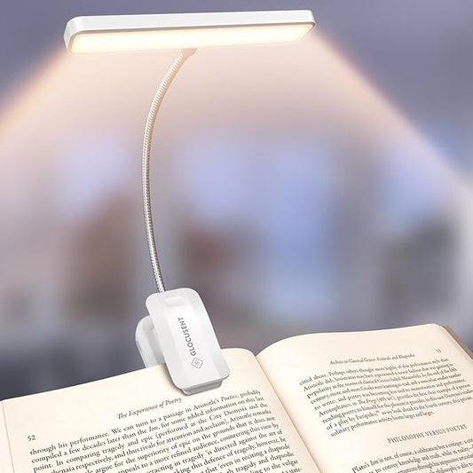 Glocusent 26 LED Rechargeable Book Light, 1200 mAh Battery for 90 Hrs, 5 Amber Colors & Stepless Dimming Book Lights for Reading at Night - Portable Clip on Reading Light for Book Lovers Kids