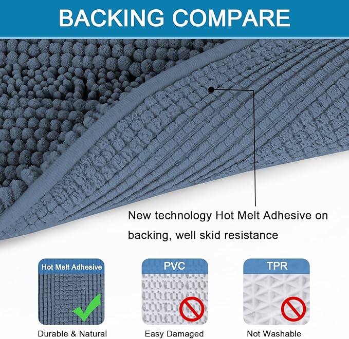 H.VERSAILTEX Bath Mats for Bathroom Non Slip Thick Chenille Striped Bath Rug Absorbent Fluffy Soft Shaggy Rugs Washable Dry Fast Plush Mats for Indoor, Bath Room, Tub - 17" x 24", Blue Indigo