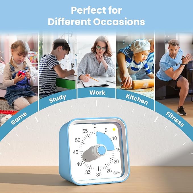Visual Timer for Kids with Pause Function, 60 Minute Countdown Timer for Kids Desk Study, Teaching, Kitchen Cooking, Office Meetings, Time Management for ADHD (Blue)