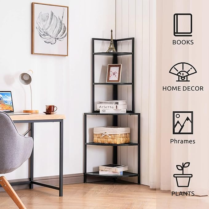 Apicizon 5 Tier Corner Shelf, Industrial Corner Bookshelf with Metal Frame, Rustic Corner Storage Rack Shelves Display Plant Flower, Stand Bookcase for Home Office, Small Place, Kitchen, Black