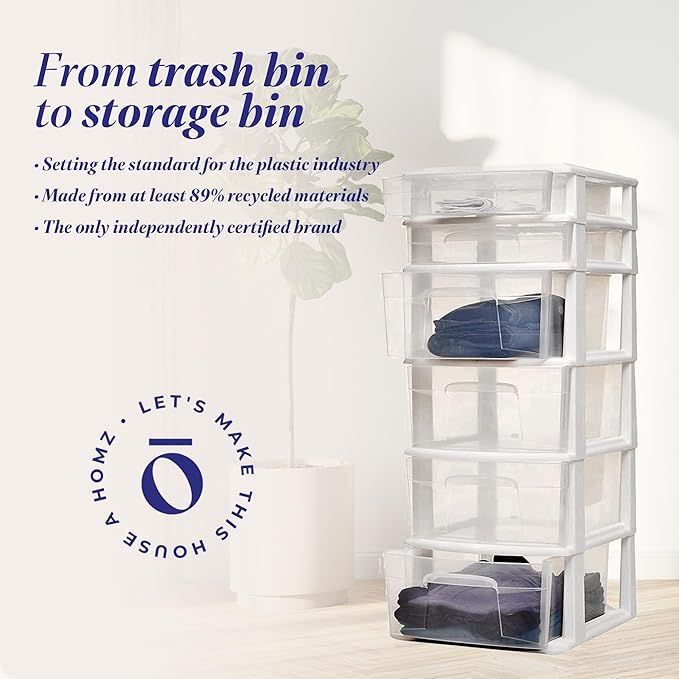 HOMZ 2-Pack Drawer Tower, 6-Tier Clear Plastic Storage Organizer Unit, White Frame - Multi-Purpose Container Drawers for Bedroom, Bathroom, and Office Organization