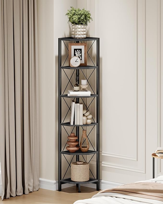 6-Tier Corner Shelf, Corner Bookcase, 66.9" Tall Vertical Display Rack, Plant Stand, Open Storage Shelf, for Living Room, Bedroom, Study, Kitchen, Black TCJ13BB