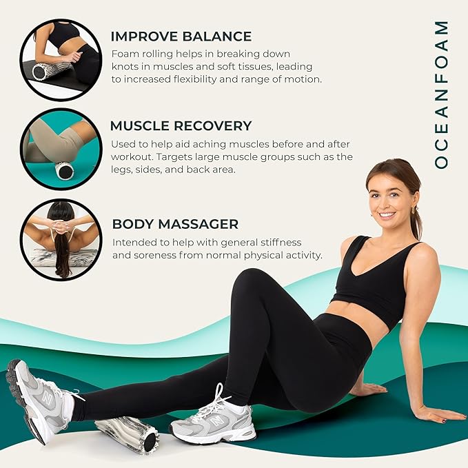 Oceanfoam Ripple Travel Foam Roller (11" x 3.35") Firm Mini Foam Roller for Physical Therapy, Deep Tissue Massage, Back Pain - High Density, Ergonomic Wave Textured - Yoga, Exercise (Black Marbled)