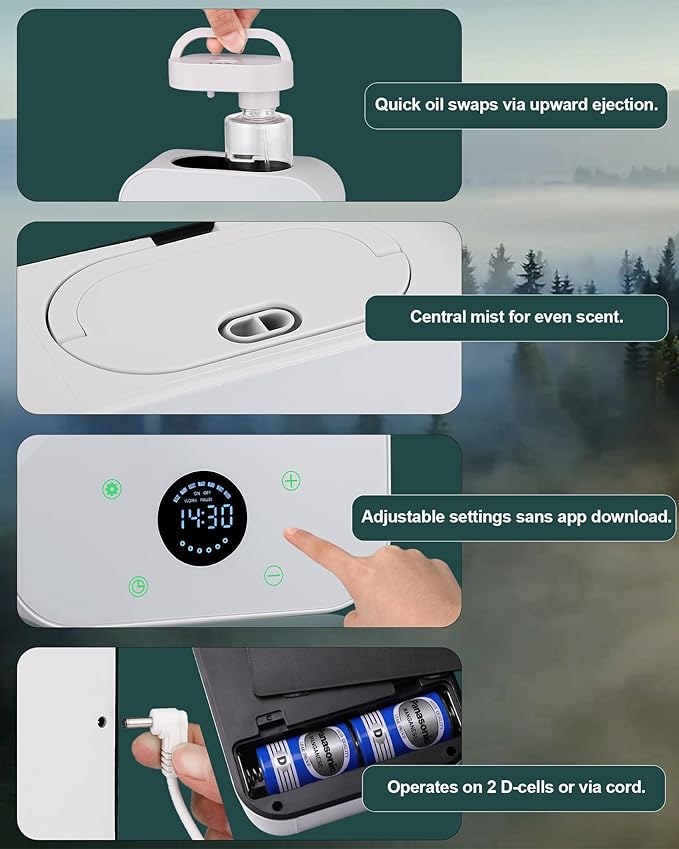 Waterless Essential Oil Diffuser, Portable Bluetooth Aromatherapy Device for Home, 24/7 Customizable Schedule, 1600 sq ft Coverage, 2×D Cell or Plug-in Powered (Dual Power-White)