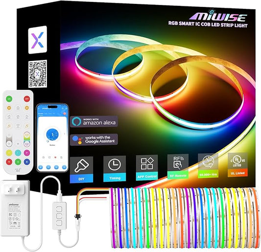 MIWISE RGB Smart IC COB LED Strip Light,20ft Color Chasing Flexible LED Tape Light,WS2811 Addressable RGB Strip with APP Control/Music Mode,Work with Alexa/Google,for Party/Home DIY Lighting Projects