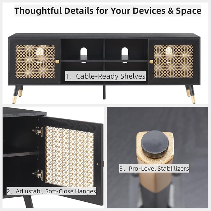 Black TV Stand for 75 inch TVs, 66" Mid Century Modern Media Console, Long Entertainment Center with Storage Cabinet for Living Room