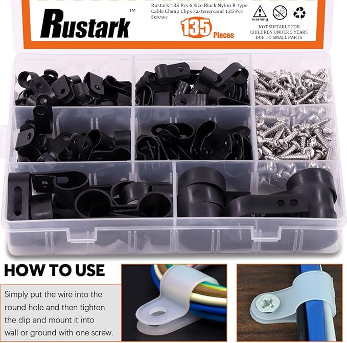 135 Pcs 6 Size Black Nylon R-Type Cable Clamp Clips Fasteners Assortment kit with Mounting Screw and 135 Pcs Screws Organizer Cord Clips for Wire Management