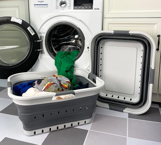 SAMMART 42L (11 gallon) Collapsible Plastic Laundry Basket - Foldable Pop Up Storage Container/Organizer - Portable Basket - Space Saving Hamper/Basket (2, Grey/Steel Grey)