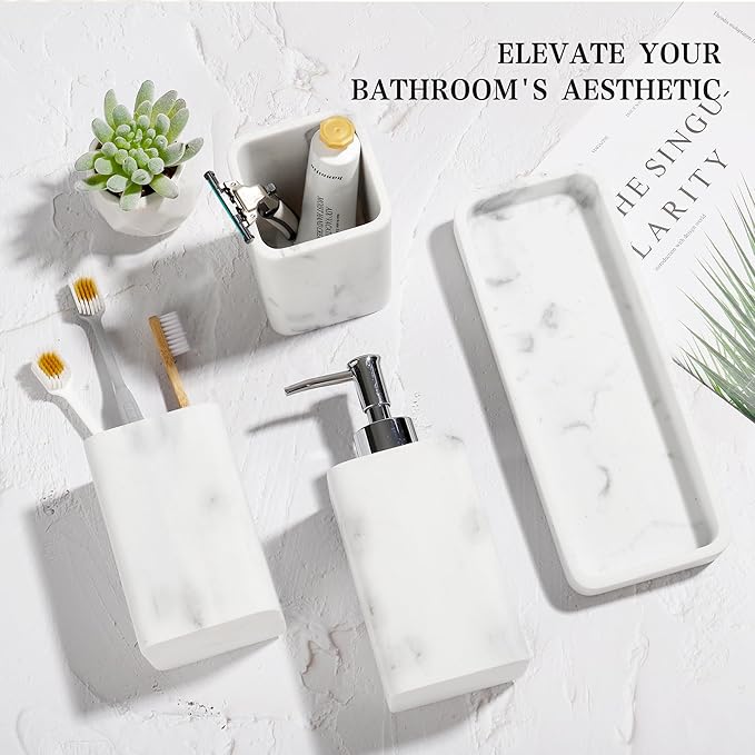 Bathroom Accessories Set, 4 Pcs Bathroom Accessory Set, Soap Dispenser, Toothbrush Holder, Qtip Holder Set, Bathroom Sets Complete, Bathroom Sink Set for Modern Home Decor, White