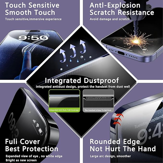 Anti Blue Light Matte Screen Protector for iPhone 17, iPhone 16 Pro 6.3-Inch, Auto Dust Removal, 9H Tempered Glass, Full Cover, Anti-Fingerprint, Easy Installation, 2 Pack
