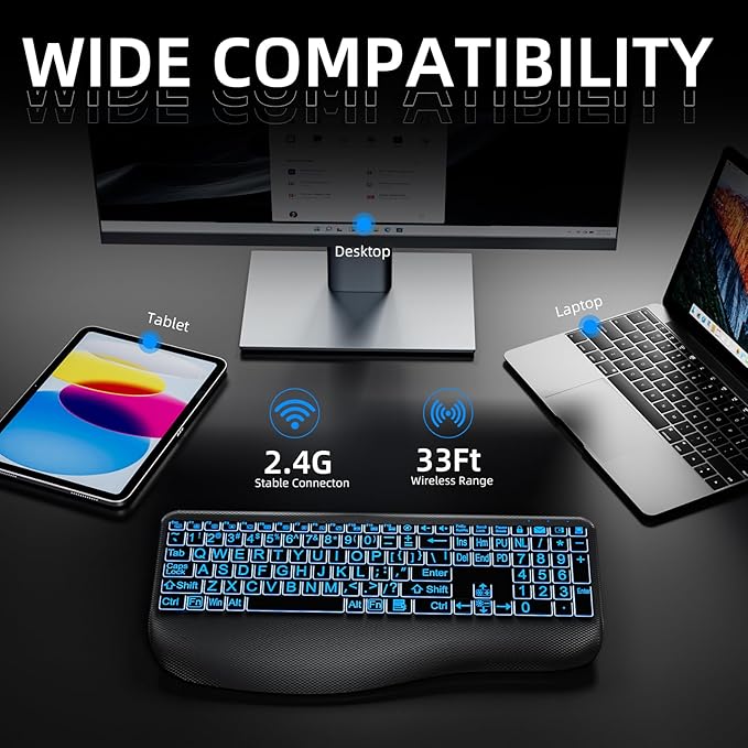 Large Print Backlit Wireless Keyboard – Silent Keyboards with Wrist Rest, 7-Color Light up, Quiet Low Profile Keys, 2.4G Wireless Rechargeable Full Size Keypad for Computer Laptop Windows Mac, Black