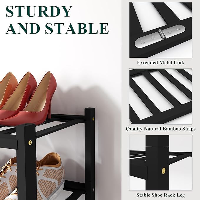 Smiry Bamboo Shoe Rack for Closet, 5 Tier Wooden Stackable Shoe Organizer, Free Standing Shoes Storage Shelf for Entryway, Front Door Entrance, Black