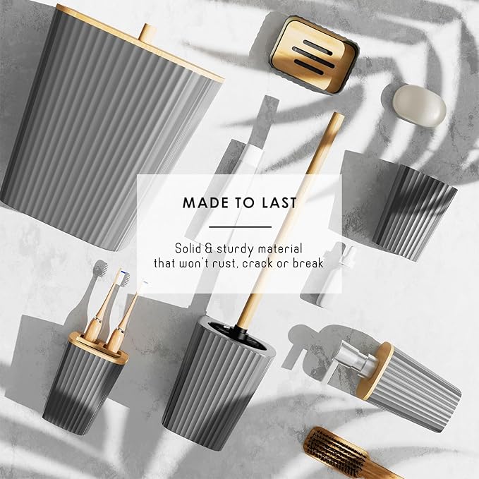 Clara Clark Bathroom Accessories Set - Grey Bathroom Set, 20PC Bathroom Accessory Set, Shower Curtain Set, Toilet Brush, Trash Can & Soap Dispenser