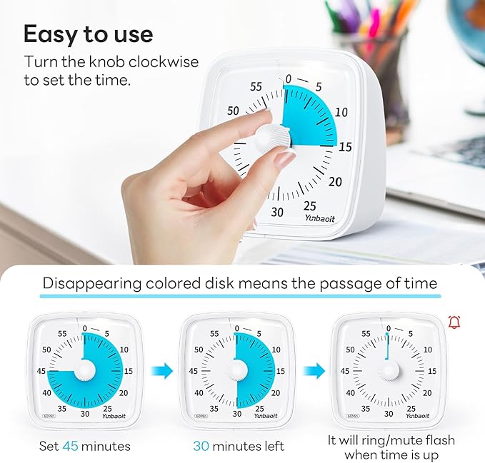 Yunbaoit Visual Timer with Night Light, 60-Minute Countdown Timer for Kids and Adults, Silent Classroom Timer, Time Management Tool for Home, School, or Work (Light White)