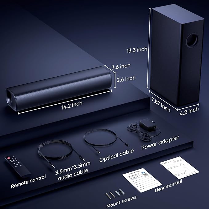 Saiyin Soundbar with 4'' Subwoofers - 70W Rounded-Edge Subwoofer & Compact Soundbar for TV, 2.1 Audio Enhanced Surround Sound System for TV, Bluetooth/Optical/AUX Connection for TV/PC