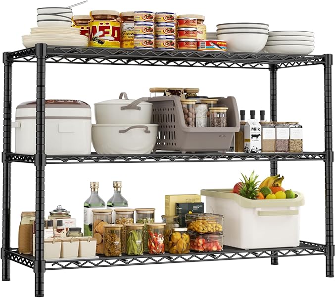 Storage Shelves Heavy Duty, 45" W x 20" D x 47" H Garage Wire Shelving Unit Loads 1200LBS, 3-Tier Adjustable Metal Industrial Utility Shelf Rack for Kitchen, Laundry Room, Pantry, Warehouse, Basement