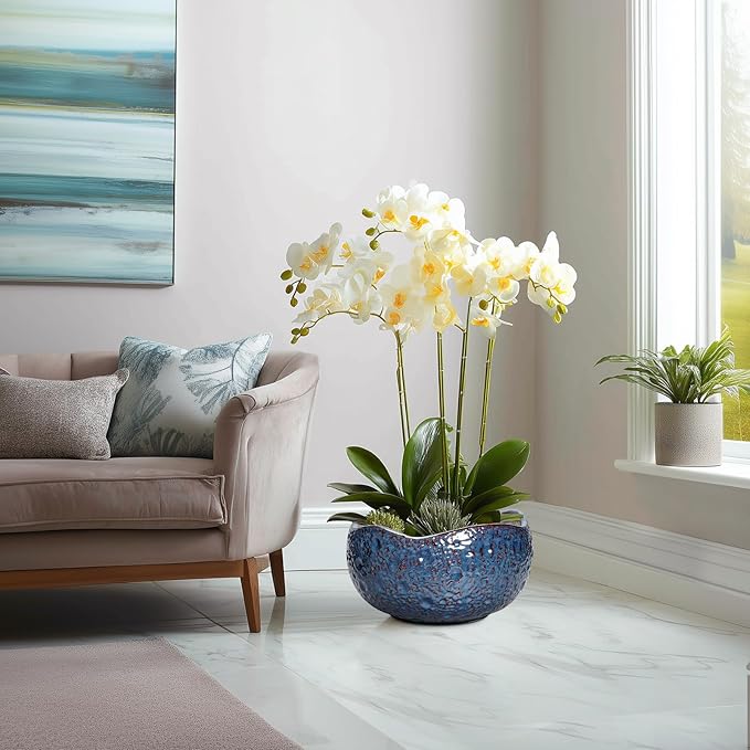 Bonsai Pots - 13 Inch Large Ceramic Planter for Indoor Outdoor, Round Decorative Plant Pots with Drainage Hole, Modern Unique Flower Pots, Patio Decor, Housewarming Gifts, Retro Blue