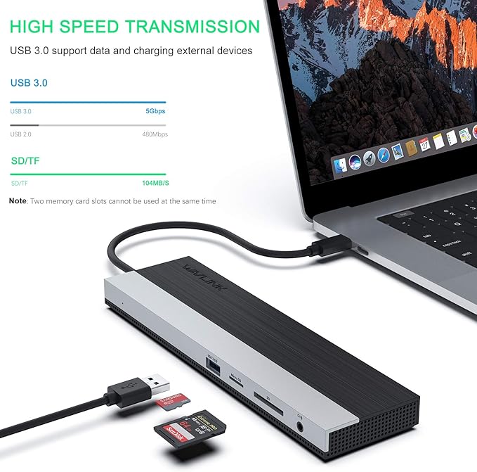 WAVLINK 12-in-1 USB C Docking Station, Triple Display Type C Hub Multiport Adapter with HDMI, DisplayPort, VGA, Ethernet, USB-C 100W PD3.0 Charging, USB3.0, USB2.0, SD/TF Card Reader, Audio- UMD03