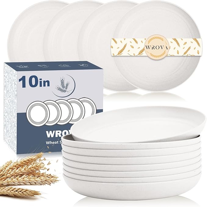 Wheat Straw Plates - 10 Inch Unbreakable Dinner Plates Set of 8 - Dishwasher & Microwave Safe Plastic Plates Reusable for kitchen and camping (White)