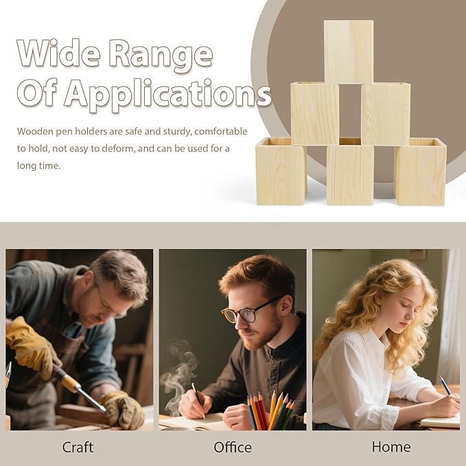 6 Pack Wood Pen Holder Unfinished Wooden Pencil Holder Pine Wood Pen Holder Stand for Desk Office Supplies Makeup Brushes Organizer (Square)